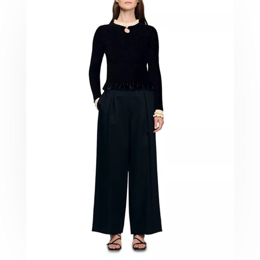 Sandro Black Long-Sleeve Ruffle-Trim Top with Cream Accents - Picture 2 of 8